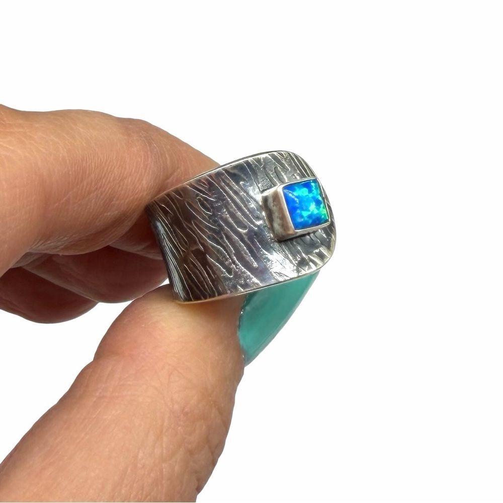 Blue Fire Opal Ring Adjustable 7 7.5 Solid 925 Sterling Silver Wide Band - Picture 5 of 7